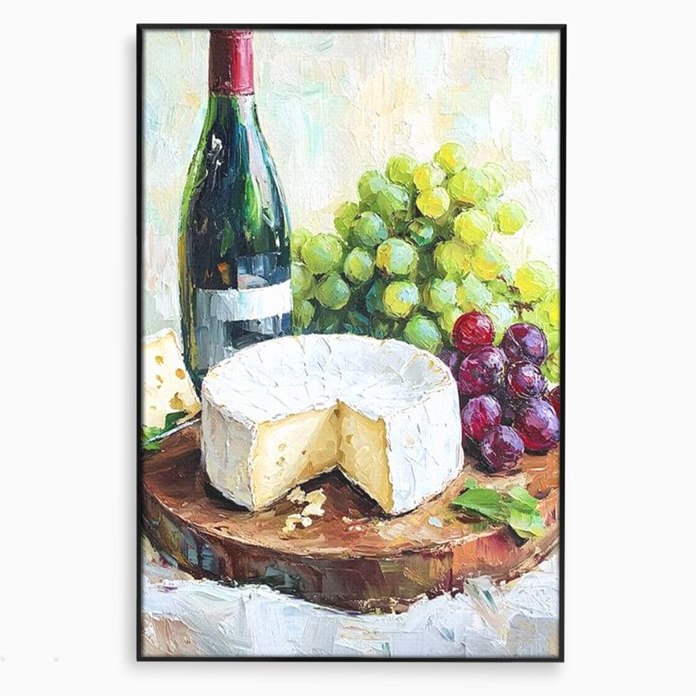 Tablou canvas cu pictura cu sticla de vin si branza, in rama de aluminiu negru